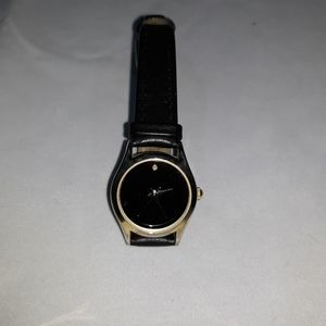 Vtg Watch solid black face w/crystal black leather